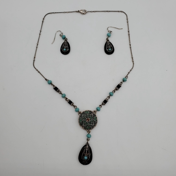 2009 Avon Turquoise Colored & Brown Medallion Necklace Earrings Gift Set - Picture 4 of 7